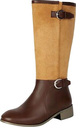 Generic Womens Retro Knee High Riding Boots Round Toe Med Square Heel Slip On With Belt Buckle Detail Equestrian Style