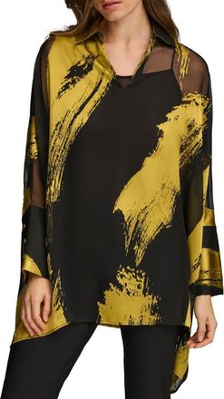 DKNY Point Collar Long Sleeve Tunic in Black/Gold at Nordstrom, Size Small