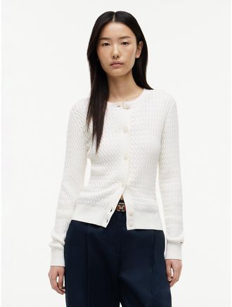 Tommy Hilfiger Womens Cable Knit Crewneck Cardigan - Ivory Silk - XXS