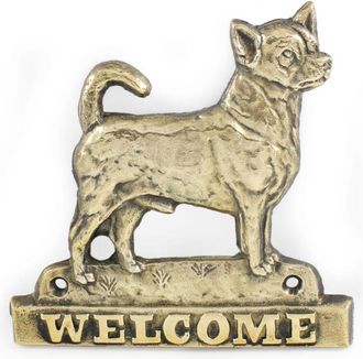 OEM Chihuahua De Pelo Corto: Cartel Para Puerta Con Perro, Placa De Bienvenida De Lat&oacute;n, Cartel &Uacute;nico Con La Palabra Welcome De Art-dog
