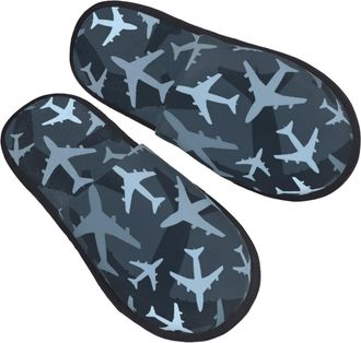 Generic Non-Slip Cotton Slipper Dark Blue Camouflage Airplanes Fluffy Slipper Comfortable Home Slippers for Winter Guest Indoor L