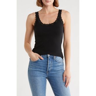 Leith Lace Trim Tank in Black at Nordstrom Rack, Size Large