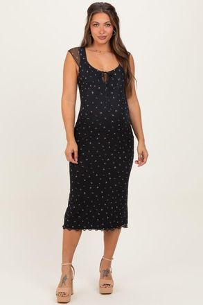 Pinkblush Floral Mesh Front Tie Cutout Midi Dress in Black at Nordstrom, Size Medium