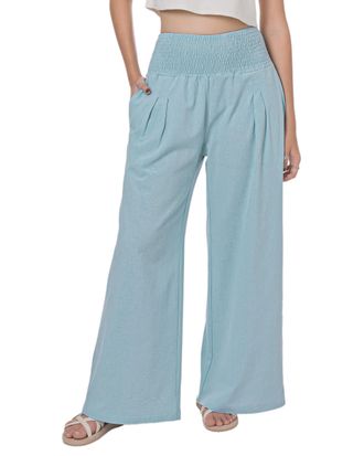 Lofbaz Women Summer Flowy Cotton Linen Palazzo Wide Leg Pants Beach High Waisted Trousers Boho Long Lounge Pant with Pockets Sky Blue 2XL