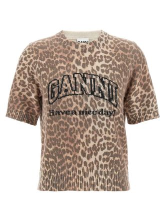 Ganni Leopard Wool Mix T-Shirt