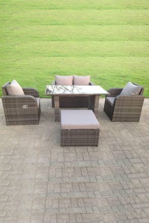 Fimous Rattan Garden Furniture Set Adjustable Chair Sofa Double Love Seat 2 Seater Sofa Oblong Black Glass Dining Table in Dark Grey