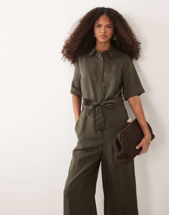 Mango Tuta jumpsuit a maniche corte allacciata in vita kaki-Verde
