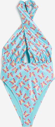 H&M Neckholder-Badeanzug mit hohem Beinausschnitt - T&uuml;rkis/Schmetterlinge