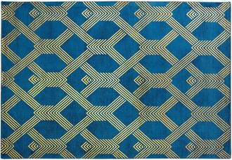 Beliani Alfombra Azul De Viscosa Con Estampado Geom&eacute;trico Dorado Con Algod&oacute;n 160 X 230 Cm Estilo Glamour Moderno Vekse