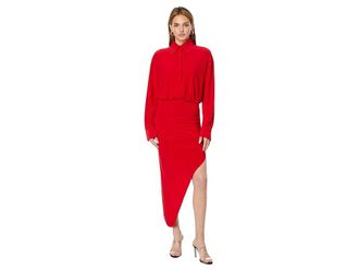 Norma Kamali Oversized Boyfriend NK Shirt Side Drape Gown Womens Clothing Tiger Red : LG (Womens 8), Polyester/Spandex
