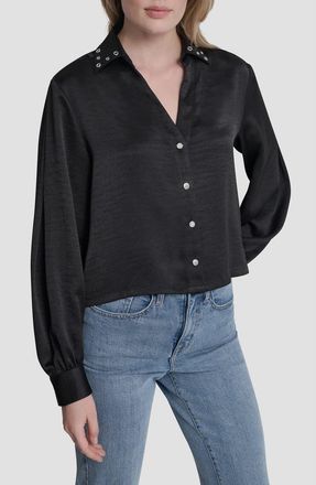 DKNY Grommet Collar Button-Up Shirt in Black at Nordstrom, Size X-Large