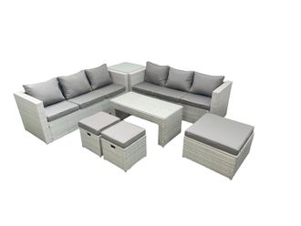 Fimous 9 Seater Garden Outdoor Rattan Furniture Set Rattan Garden Sofa Oblong Coffee Table with 3 Footstools Side Table Light Grey Mixed