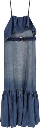Pinko Blue Ruffled Belted Denim Maxi Dress