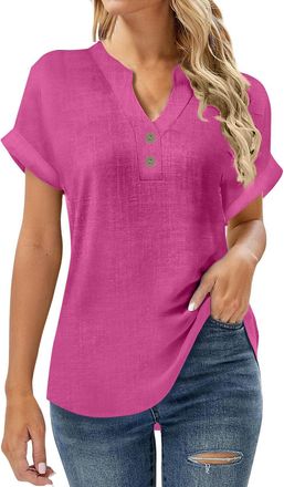 Generic Tshirts Womens UK Solid V Neck Short Sleeve Button Top Ladies Relaxed Fit Blouse Shirt Casual Clothing for Daily Office Travel Wear