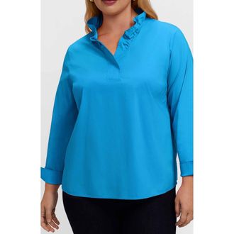 Foxcroft Tammy Ruffle Collar Cotton Blend Top in Malibu at Nordstrom, Size 2X