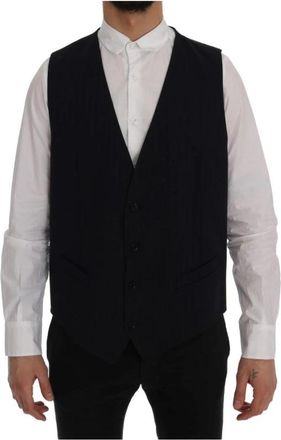 Dolce & Gabbana Elegante Gestreepte Wollen Vest - Heren - Bodywarmers - Blauw - 2XL - Wol - Jassen