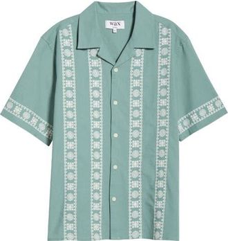Wax London Didcot Embroidered Cotton & Linen Camp Shirt in Sea Green /Ecru at Nordstrom, Size Xx-Large