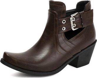 Generic Womens Fashion Buckle Cutout Chelsea Square Toe Chunky Heels Ankle Boots Slip On Comfort Casual Vintage Shoes (7.5,Coffee)