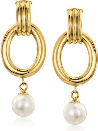 Ross-Simons Italian 8-8.5mm Cultured Pearl Oval Drop Earrings in 18kt Gold Over Sterling