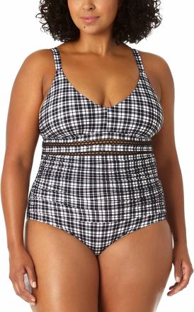 Anne Cole Womens Ann Box Plaid Trim Insert One Piece In Black White