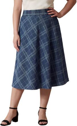 Jessica London Comfort Waist Stretch Denim Swing Skirt in Denim Bias Plaid at Nordstrom, Size 28