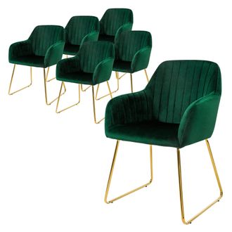 ML Design Ml-design 6x Sillas De Comedor Color Verde Ergon&oacute;micas Asiento Tapizado Aspecto De Terciopelo Con Respaldo Y Reposabrazos Patas De Metal Sill&oacute;n Modern