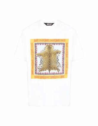 Just Cavalli Mens Foulard Cotton Leopard Graphic White T-Shirt - Size: 36