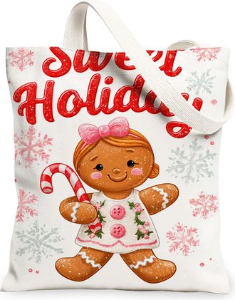 Generic Holiday Gingerbread Canvas Tote Bags, Sweet Seasonal Design Reusable Grocery Bags, Winter Cozy Lightweight Washable Shoulder Strap Canvas for Travel S