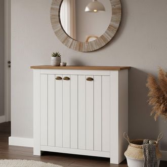 Dmora Zapatero Tolomeo, Zapatero Con 3 Puertas Que Ahorra Espacio, Armario De Entrada Multifuncional, 114x42h100 Cm, Blanco Y Roble, Con Embalaje Reforzado 