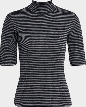 Brunello Cucinelli Shimmering Striped Rib Cashmere Mock-Neck Sweater