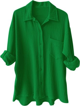 Generic Womens Loose Buttons Down Pocket Blouse Tops Solid Casual Long Sleeve Shirt Blouse Merry and Bright Shirt Women (Green, S)