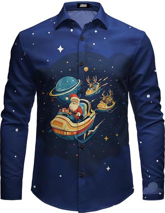 JOGAL Mens Funny Christmas Shirt Long Sleeve Santa Claus Shirts Xmas Dress Shirts for Men Navy X-Large