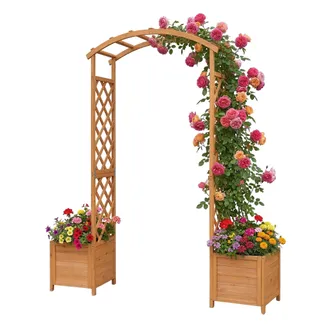 Relaxdays Relaxdays Arco Redondo De Rosas Con 2 Jardineras, 206 X 180 X 40 Cm, Soporte Para Trepadoras, Madera De Abeto, Naranja