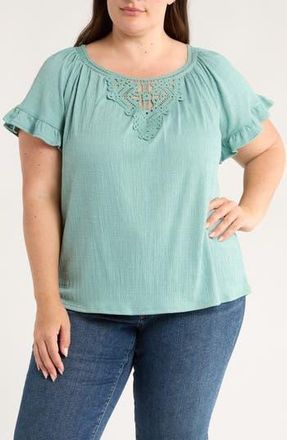 Max Studio Embellished Yoke Flutter Sleeve Top in Laguna at Nordstrom Rack, Size 1X
