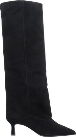 Estro & Luminara Velours Laarsjes tot de Knie met Lage Flare Hak - Dames - Laarzen met Hak - Zwart - 38 EU - Leer - Schoenen
