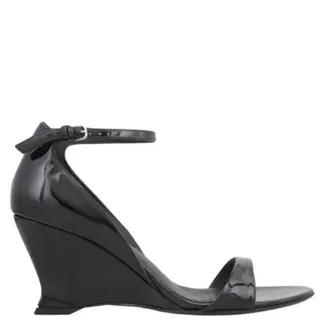 Ferragamo Black Vernice Open-Toe Wedge Sandals, Size 4.5 C