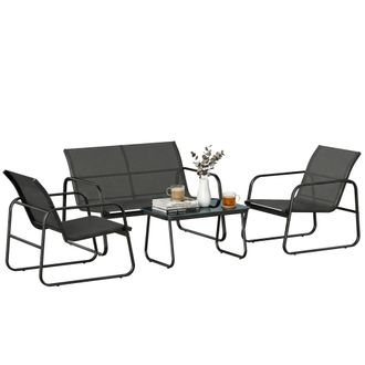 OUTSUNNY Conjunto Jard&iacute;n Exterior De 4 Piezas, Con Sof&aacute; De 2 Plazas, 2 Sillones, Mesa De Vidrio Templado, Tela Textilene, Estructura De Acero, Gris