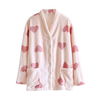 Generic Button Front Flannel Bed Jackets for Women Nightwear Coat Long Sleeve Collared Loungewear Jacket with Pockets Warm Fleece Ladies Housecoats for Cosy S