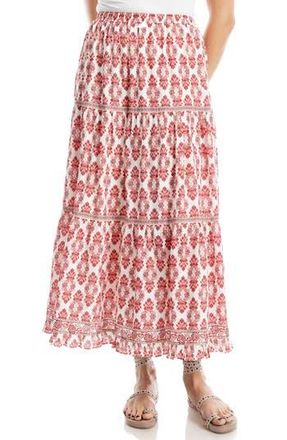Max Studio Floral Wreath Print Tiered Cotton Blend Maxi Skirt in Red/Cream at Nordstrom Rack, Size Small