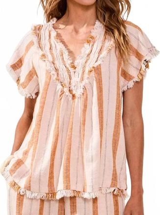 Tribal Textured Linen V-Neck Top In Sahara Beige