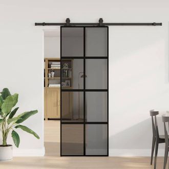 vidaXL Puerta Corredera Con Herrajes Negro 76x205 Cm Vidrio Templado Vidaxl