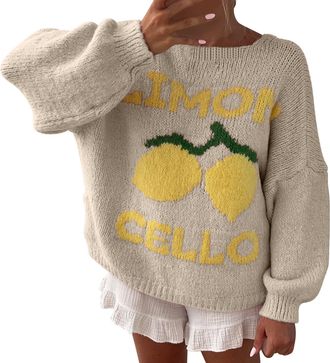 Generic 2 in 1 Knitted Cardigan Sweater V Neck Button Down Drop Shoulder Knit Jumpers Artistic Aesthetic Limon Printed Jacket Baggy Y2K Fashion Going Out Prep