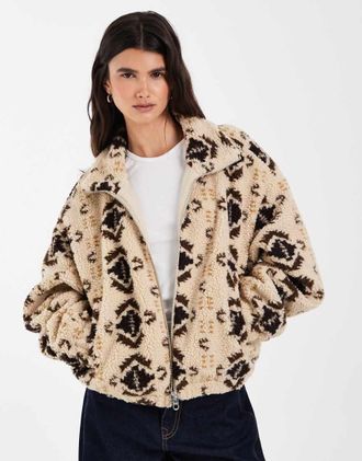 Only solo giacca in pile borg con stampa beige-Neutro