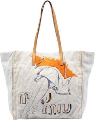 Miu Miu Pre-owned Tote Bags, female, White, Size: ONE SIZE Pre-owned Printed Canvas Tote