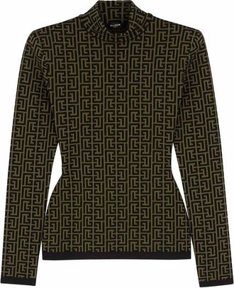Balmain Khaki Monogram Stretch Knit Jumper Size M