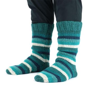 Loud Elephant Hand Knitted Wool Slipper Socks For Women Men Unisex Winter Warm Indoors UK 4-10 EU 37-46 Stripe Teal