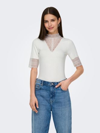 Only Spitzenshirt ONLY ONLTILDE HIGHNECK S/S TOP JRS NOOS, Damen, Gr. XL, cloud dancer, Jersey, Obermaterial: 95% Viskose, 5% Elasthan, unifarben, slim fit