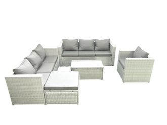 Fimous Wicker PE Rattan Sofa Garden Furniture Set with Armchair Oblong Coffee Table Big Footstool Light Grey Mixed