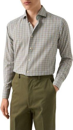 Eton Contemporary Fit Mixed Check Cotton Flannel Dress Shirt in Blue/Brown Multi at Nordstrom Rack, Size 15.5