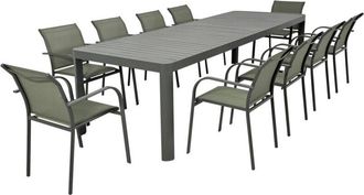 Sweeek Extendable aluminum garden table 180/240/300cm + 10 armchairs khaki green - Lunea + Amara